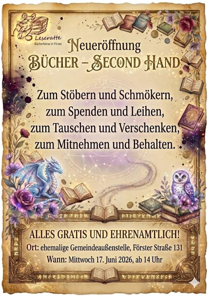 Am 17.06.2026 eröffnet die Leseratte - Bücherbörse in Förste flyer bücherbörse 1