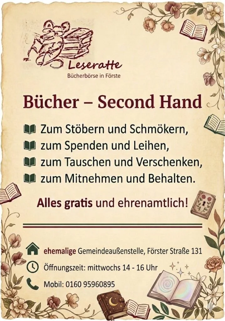 Am 17.06.2026 eröffnet die Leseratte - Bücherbörse in Förste flyer bücherbörse 2